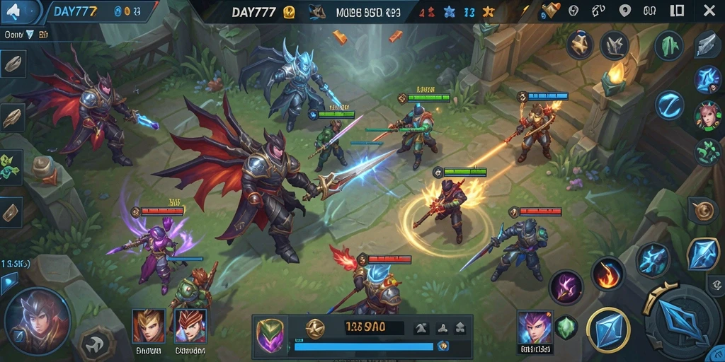 Screenshot DAY777 menunjukkan aksi intens dalam pertempuran MOBA.