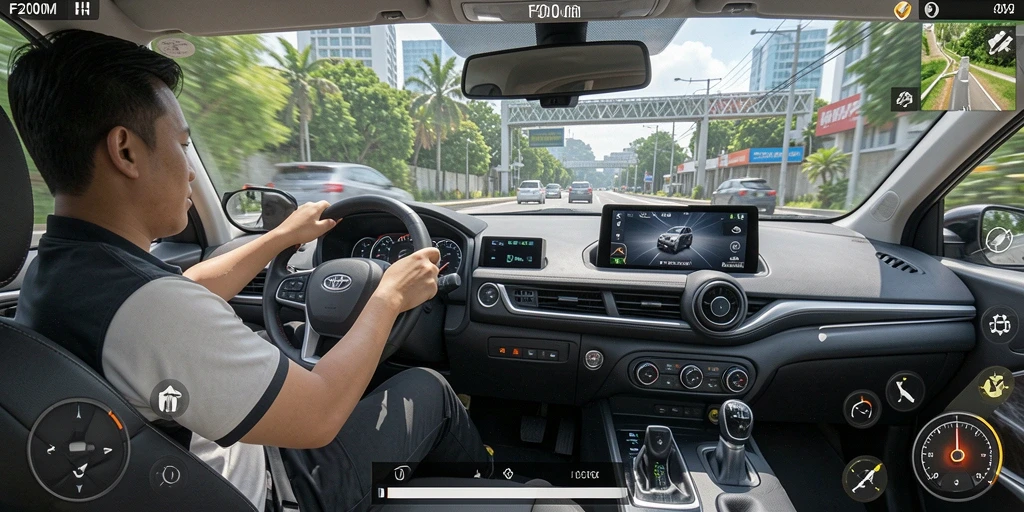 Screenshot dari gameplay F200M yang menunjukkan pengalaman mengemudi realistis.
