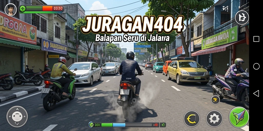 Screenshot gameplay JURAGAN404 menampilkan aksi balapan yang mendebarkan.