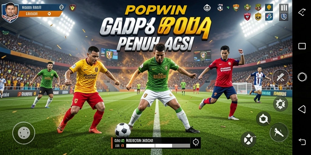Screenshot gameplay POPWIN menampilkan aksi sepak bola yang intens.
