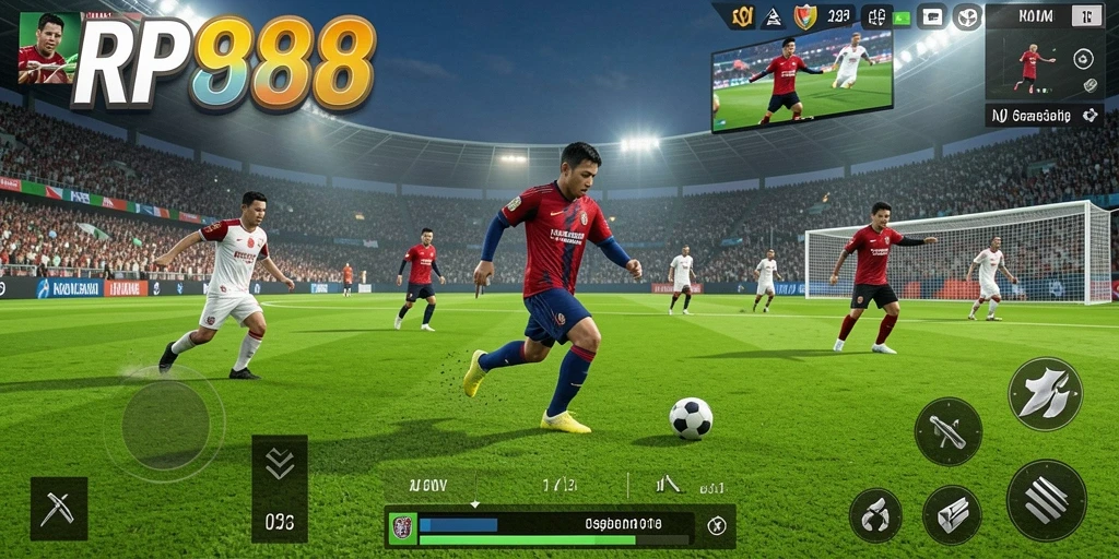 Screenshot gameplay RP888 menampilkan aksi mendebarkan di lapangan sepak bola.