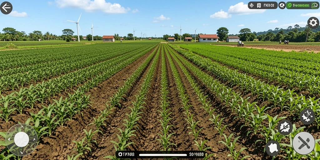 Screenshot gameplay TKP188 menampilkan kebun yang subur dan aktivitas bertani.